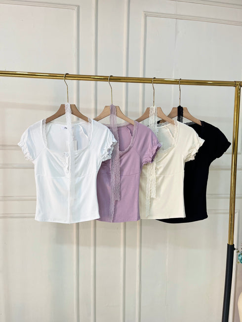 Wide Neck Button Down Lace Detail Tops